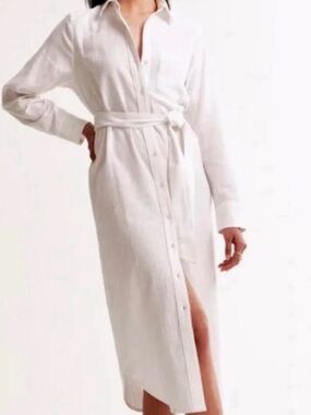 Abercrombie & Fitch White Long-Sleeve Button Shirt Dress with Tie Waist